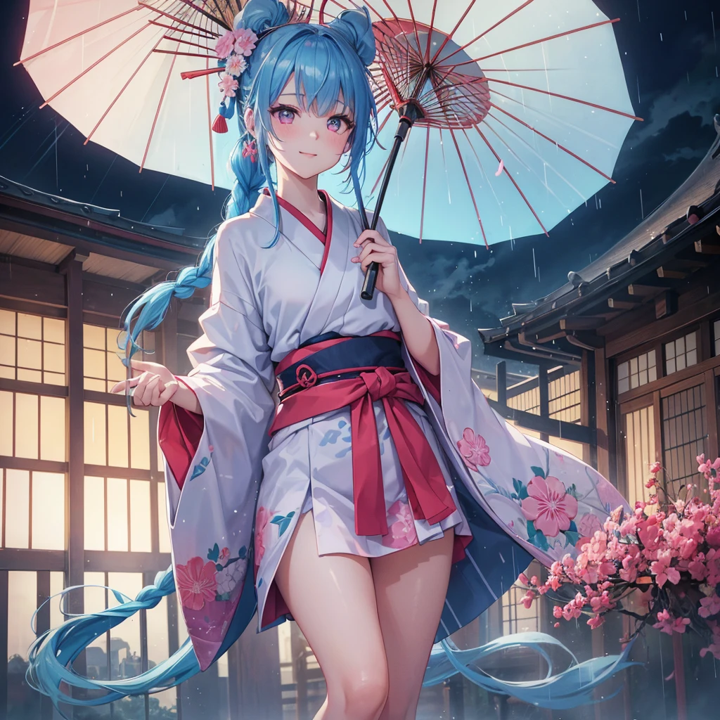 sky Blue hair, (braided ponytail),(pink eyes),fair skin ,(full body),(1 girl),smile,Straight Bangs,(masterpiece, best quality, ultra-detailed, best shadow), (detailed background), (beautiful detailed face), high contrast, (best illumination, an extremely delicate and beautiful), ((cinematic light)), colorful, hyper detail, dramatic light, intricate details,rain shower,kyoto,Japanese Umbrella,kimono,