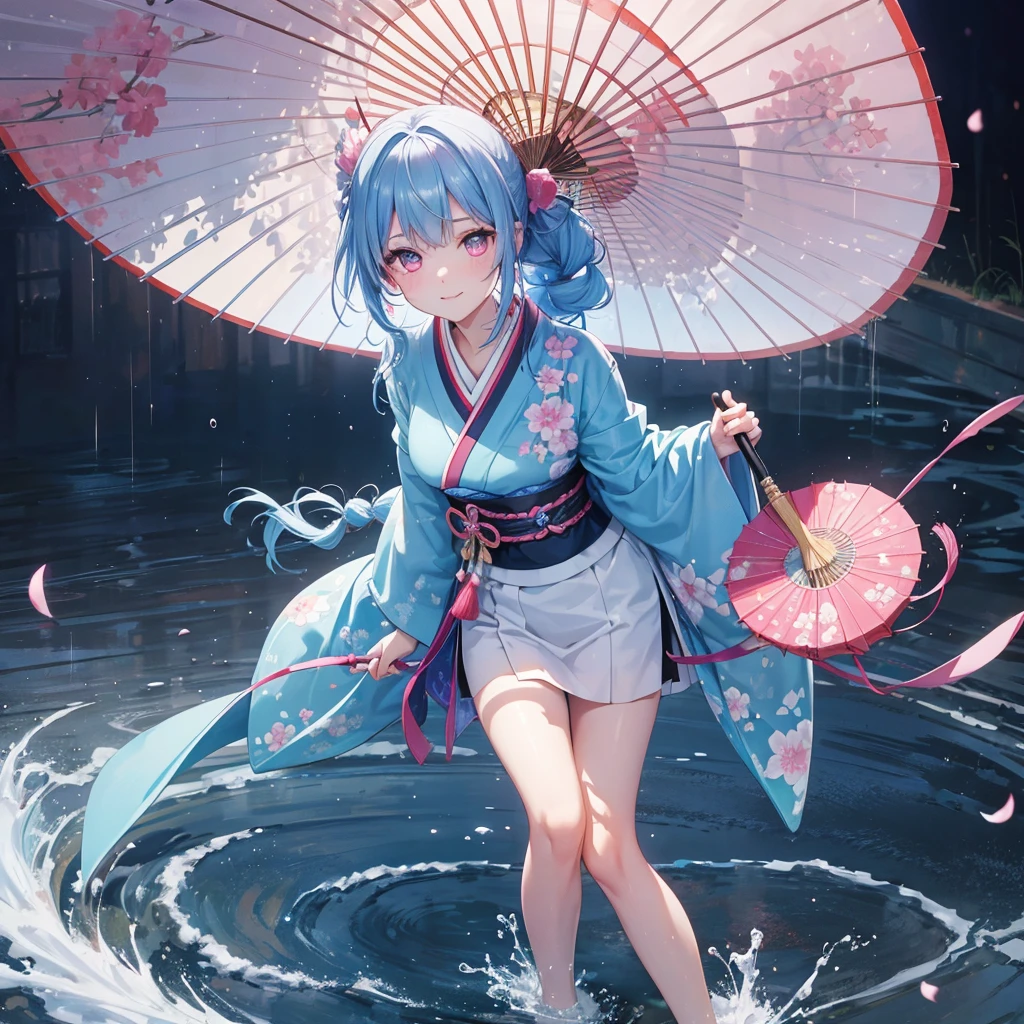 sky Blue hair, (braided ponytail),(pink eyes),fair skin ,(full body),(1 girl),smile,Straight Bangs,(masterpiece, best quality, ultra-detailed, best shadow), (detailed background), (beautiful detailed face), high contrast, (best illumination, an extremely delicate and beautiful), ((cinematic light)), colorful, hyper detail, dramatic light, intricate details,rain shower,kyoto,Japanese Umbrella,kimono,