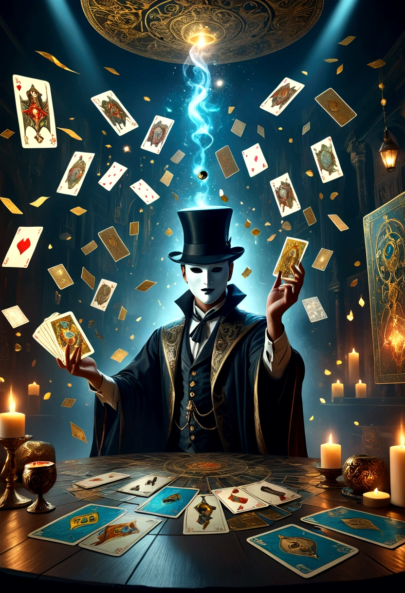 a magician wearing a mask, tarot cards floating in the air, mystical fantasy scene, detailed magical effects, ethereal lighting, dramatic composition, cinematic atmosphere, dark fantasy, moody colors, dramatic lighting, rich textures, chiaroscuro, intricate details, hyper-realistic, high definition, 8k, photorealistic, masterpiece, award-winning digital art