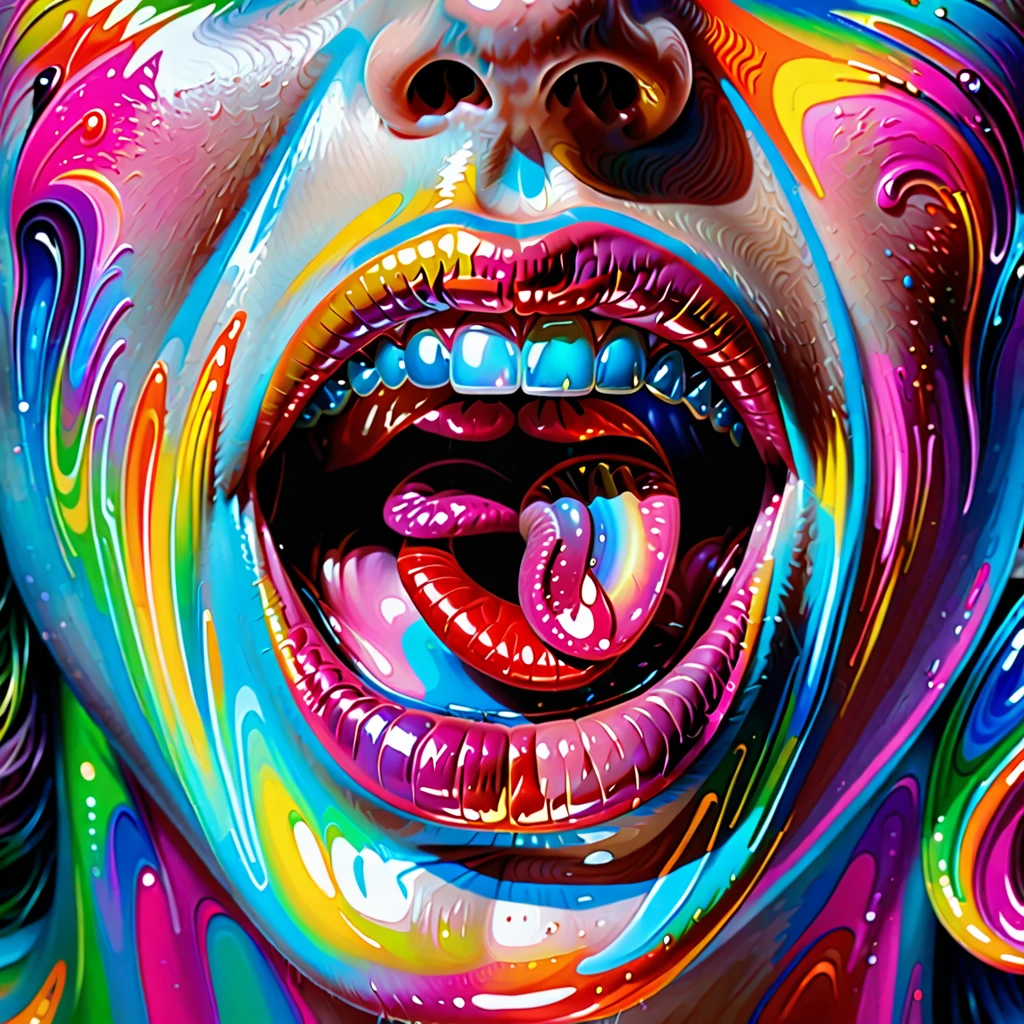 a close up of a person's mouth with a tongue sticking out, a digital painting inspired by David LaChapelle, tumblr, psychedelic art, psychedelic surreal art, lsd visuals, surreal psychedelic design, tongue, thick lips, her iridescent membranes, glowing mouth, surreal colors, parted lips, hypersurreal, pursed lips, neosurrealism. digital art