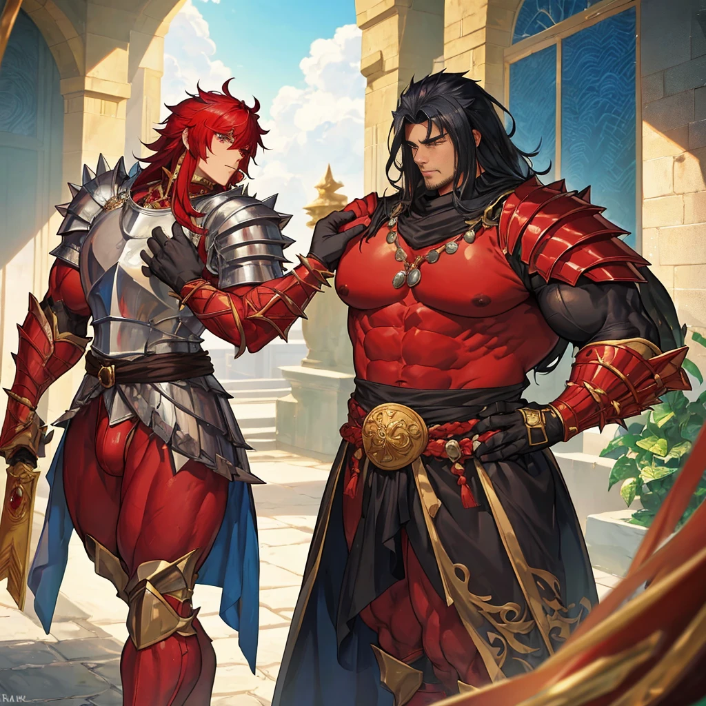 A human messenger bumps directly into one of the dragon kings royal guards, The guard is a large attractive muscular Anthro Platinum dragon Massive guy, extremely muscular, looks protective and possessive, black hair and red hair, seductive, wearing spiky armor, large muscles, big bulge, in knight armor, and the boy cant help but blush,