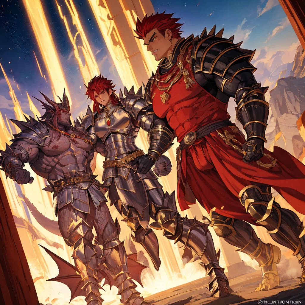 A human messenger bumps directly into one of the dragon kings royal guards, The guard is a large attractive muscular Anthro Platinum dragon Massive guy, extremely muscular, looks protective and possessive, black hair and red hair, seductive, wearing spiky armor, large muscles, big bulge, in knight armor, and the boy cant help but blush,