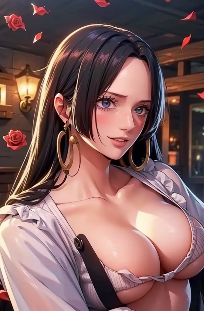 best quality, masterpiece, highly detailed,1girl, ((rose)), (vine), cage, bandage, red rope, (detail light), falling rose petals, Boa Hancock,, (masterpiece:1.5), Detailed Photo, Smiling,(8K, Photorealistic, Best Quality: 1.4), (1girl), Beautiful Face, (anime realistic Face), (Black Hair, long Hair: 1.3), Beautiful Hairstyle, Realistic eyes, beautiful detail eyes, (realistic skin), beautiful skin, (sweater), absurd, attractive, ultra high resolution, ultra realistic, high definition, golden ratio, backwards, looking back