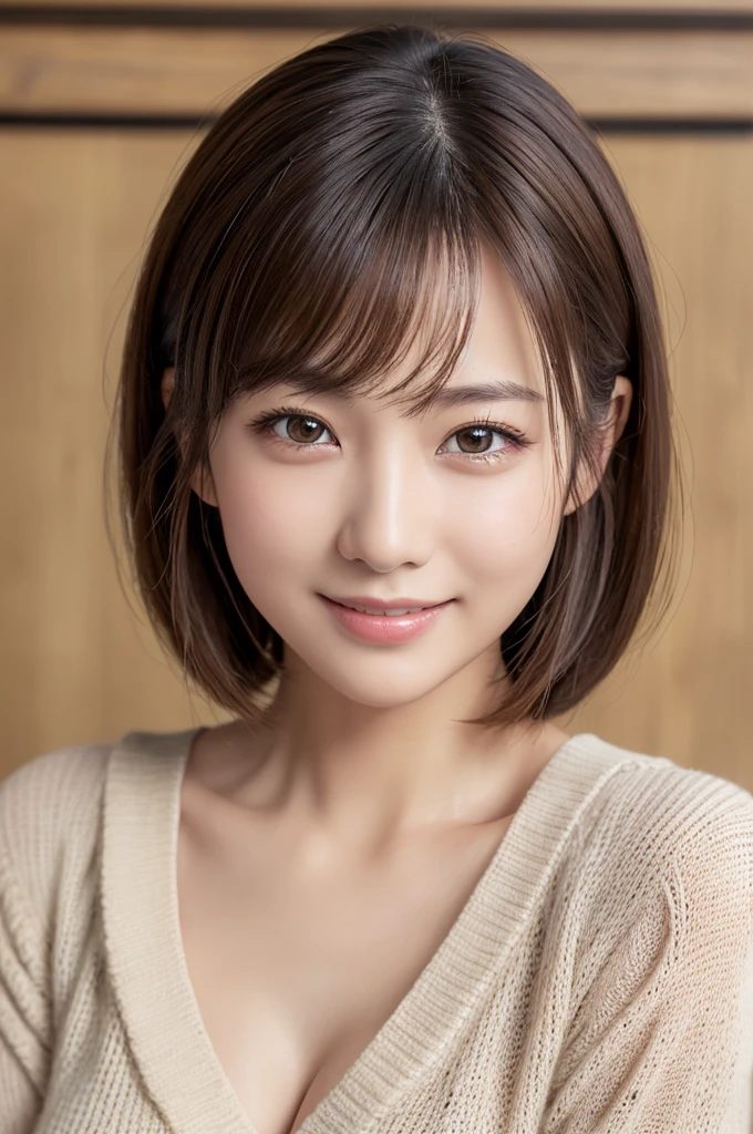 ((best quality)), ((masterpiece)), (detailed), perfect face (masterpiece:1.3), (8K, Photorealistic, Raw photo, Best image quality: 1.4), Japanese schoolgirl、(Random Hairstyles:1.2)、Cleavage:1.2、Super detailed face、Attention to detail、double eyelid、Put your chest together、Sharp focus:1.2、Beautiful woman:1.4、Light brown hair、Highest quality、masterpiece、Ultra-high resolution、(Photorealistic:1.4)、Highly detailed and professionally lit smile、Loose, lightweight knitwear、Shoulder out、thin、Serious expression、Short-haired、Deadly position