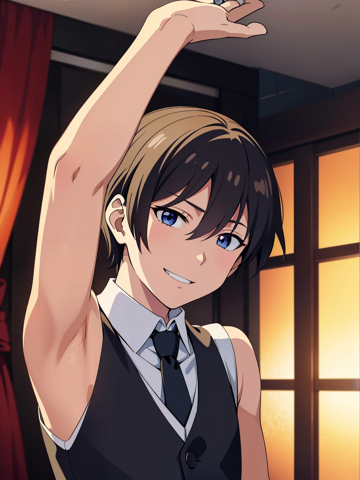 Highres, Masterpiece, Best quality at best,Best Quality,hight quality, hight detailed, Anime style, 1boy, Boy, Little boy, Shota, Solo person, Sleeveless vest, Tie, Choker, Casino, Waiter, night day, Slim body, smile, Body, blurry background, Seen from the front, The armpits of a 12 year old boy, Adorable little armpits, (Showing armpit:1.3), (very young boy), (very small and short body), Age 12,Uhd, bokeh