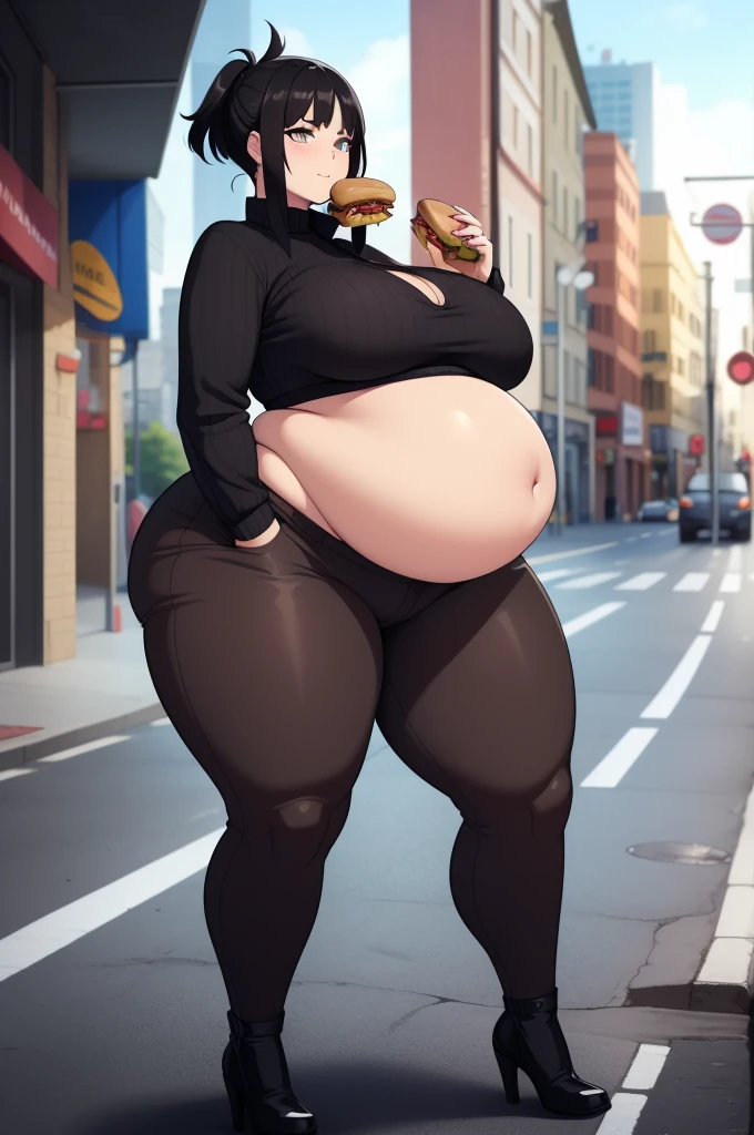 1woman, giant, fat, curvy, thick, big belly, wide hips ,thick thighs, big , chubby belly, tall, bloated belly. standing in a street. eating hamburgers. goth, gothic clothes, black clothes, black hair, tight clothes.