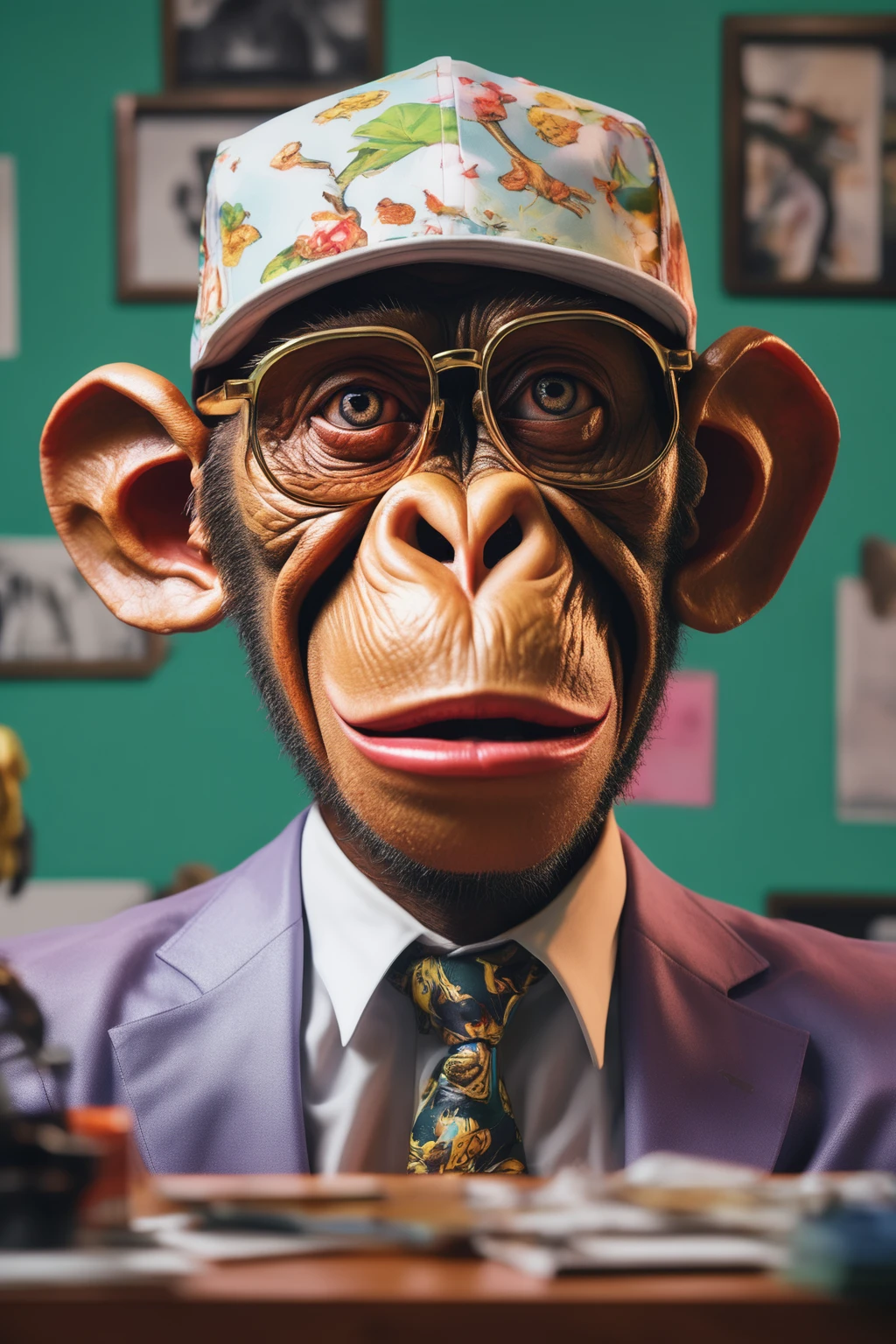 a yue minjun style portrait of a monkey boss in the office, tyler the creator style, fear and loathing in las vegas inspired, dazed magazine editorial, (best quality,4k,8k,highres,masterpiece:1.2),ultra-detailed,(realistic,photorealistic,photo-realistic:1.37),hyperrealistic,surreal,oil painting,highly detailed face,expressive face,exaggerated emotional expressions,dynamic pose,office interior background,warm lighting,vibrant colors,cinematic composition