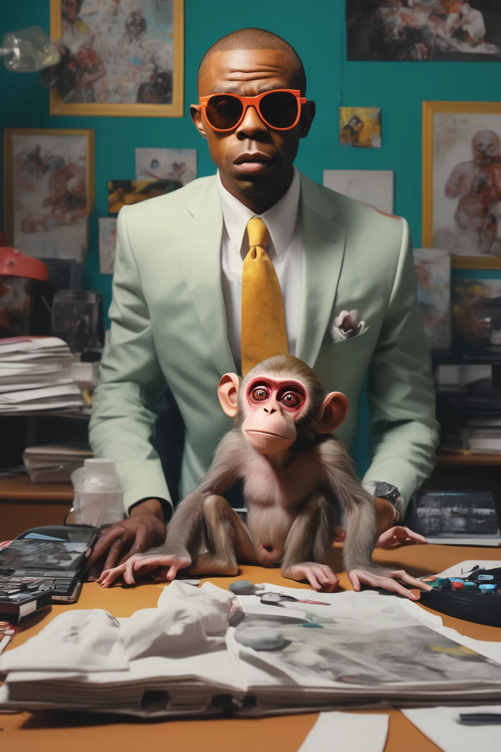 a yue minjun style portrait of a monkey boss in the office, tyler the creator style, fear and loathing in las vegas inspired, dazed magazine editorial, (best quality,4k,8k,highres,masterpiece:1.2),ultra-detailed,(realistic,photorealistic,photo-realistic:1.37),hyperrealistic,surreal,oil painting,highly detailed face,expressive face,exaggerated emotional expressions,dynamic pose,office interior background,warm lighting,vibrant colors,cinematic composition