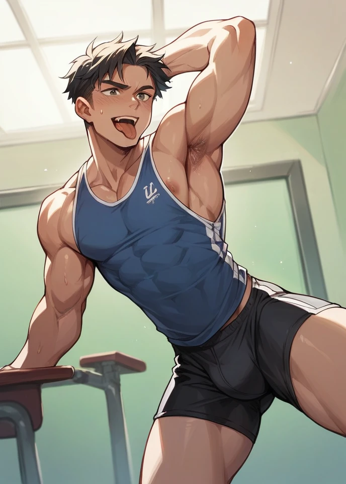 School sports boy tongue out and emailing 
standing open leg
And showing armpits 