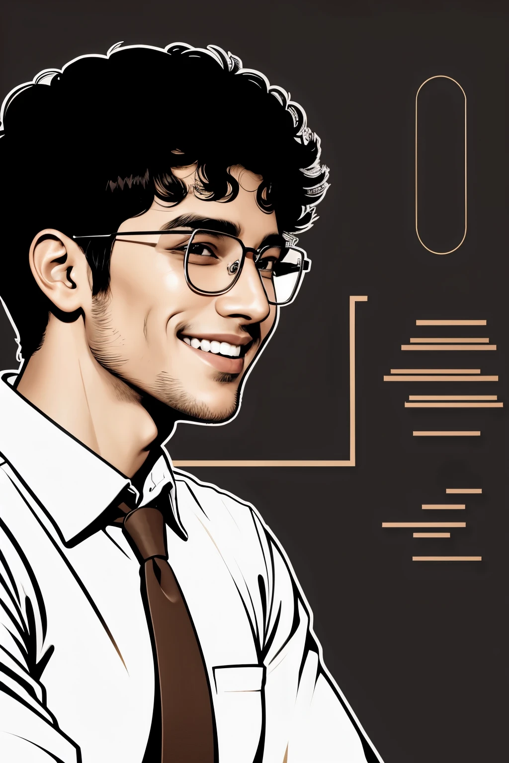 Generate a doodle art, of a brown programmer boy, with rectangular glasses, short black curly hair, a big smile, side profile.