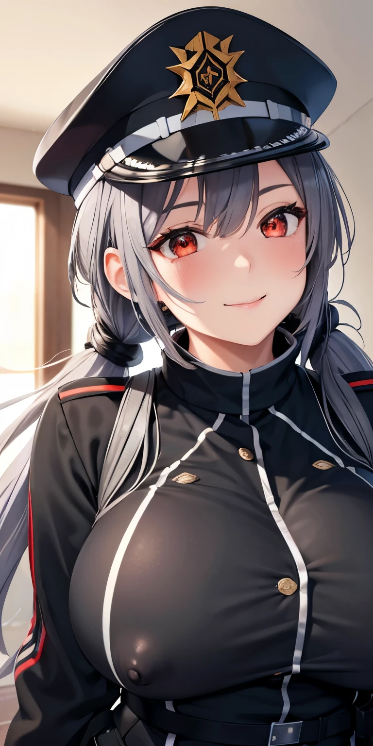 1 Female,High definition,high resolution,Ultra-realistic,8K, 1girl, roze, red eyes, grey hair, , low twintails, long hair, black military uniform, peaked cap, cute, smile,
indoors, military base,European,sexy,Upper body close-up,Photographed from the front,Dynamic Angles,private teacher,blush, huge , nipples ,(show tits)
