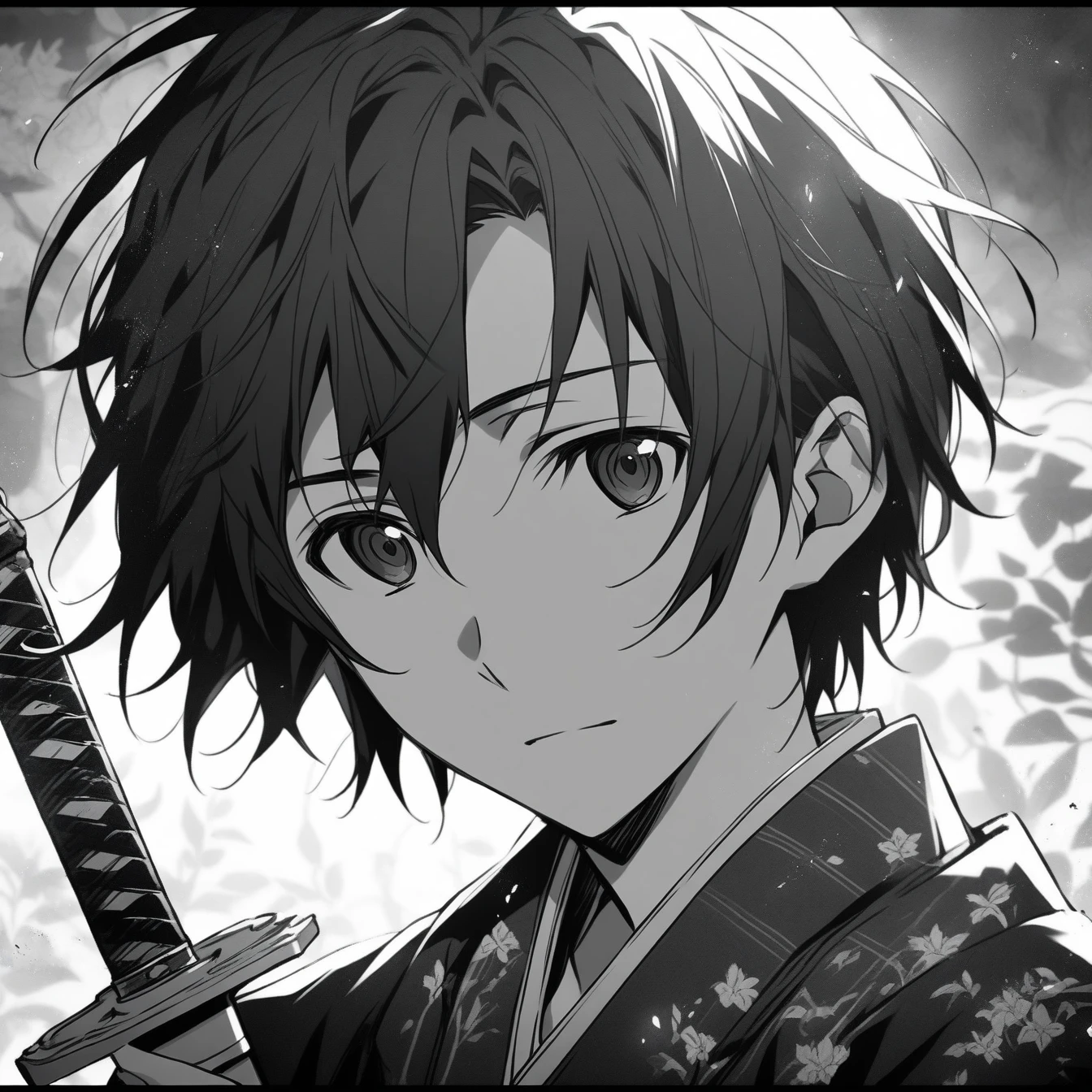 Beautiful anime portrait,Black and gray monochrome,Oriental Wallpaper,Pink,Feeling,very anime style,1boy, Kazuto Kiritani, Sword Art Online,Flowers,Close-up,Soft Light,Rich in details,The expression is firm,Kimono decoration,Background blur,Vivid colors,情Feeling深沉,front,Black eyes
