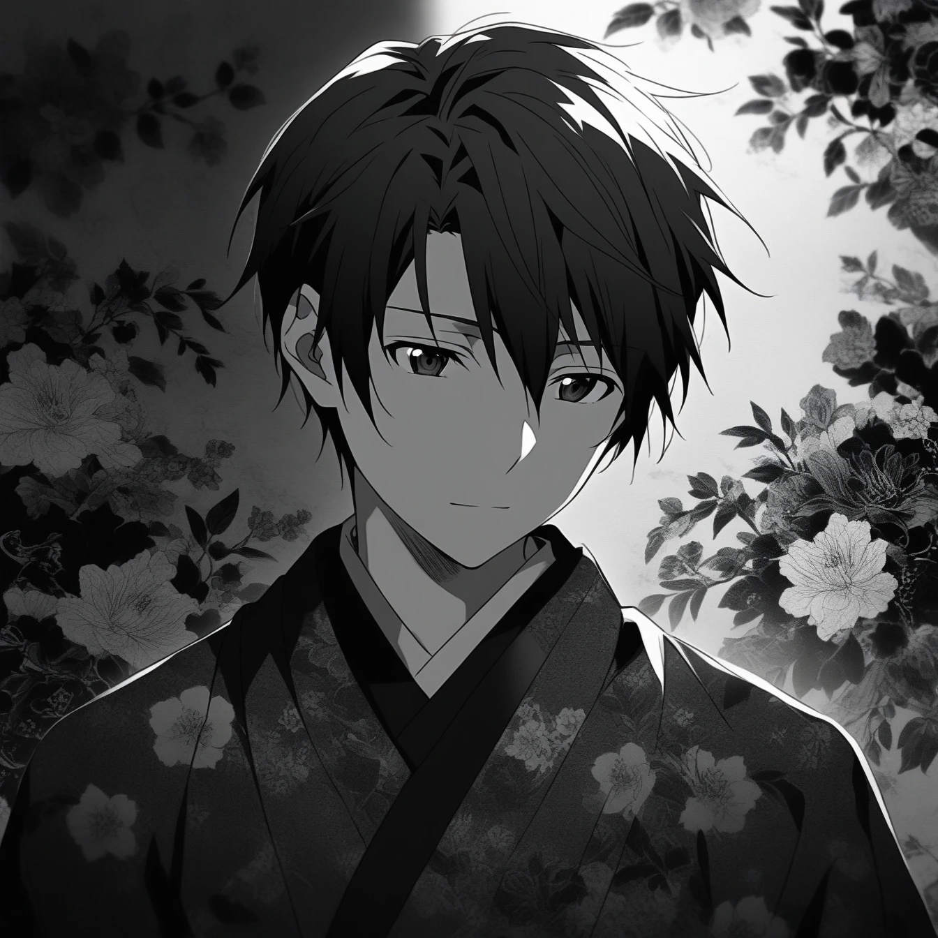 Beautiful anime portrait,Black and gray monochrome,Oriental Wallpaper,Pink,Feeling,very anime style,1boy, Kazuto Kiritani, Sword Art Online,Flowers,Close-up,Soft Light,Rich in details,The expression is firm,Kimono decoration,Background blur,Vivid colors,情Feeling深沉,front,Black eyes