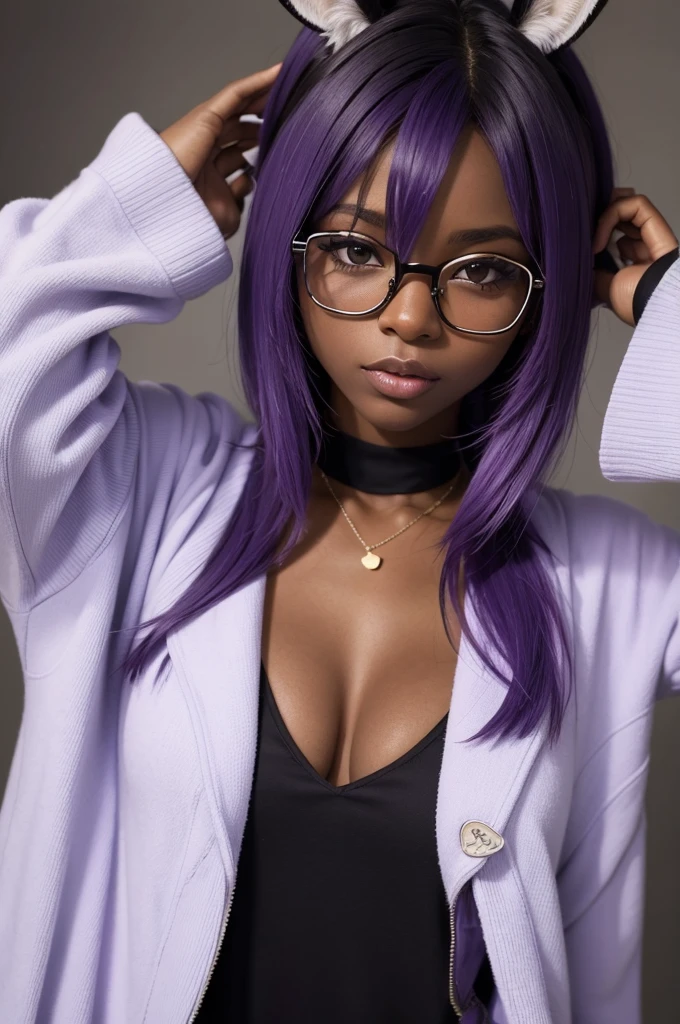 masterpiece, highest quality, (masterpiece), best quality, expressive very dark brown skin, 29-year-old Black American woman, brown eyes,  smile,open mouth, crazed smile, highest quality, Dark brown skinned woman espeon ears and whiskers, floating  in the air, full body visible, shiny purple romper, hair covering , barefoot, in giant white padded room, looking down on viewer, short bright purple hair, small red dot on forehead, black espeon like eyes, sinister smile, long purple tail with two ends, larger , surrounded by magic energy, Espeon