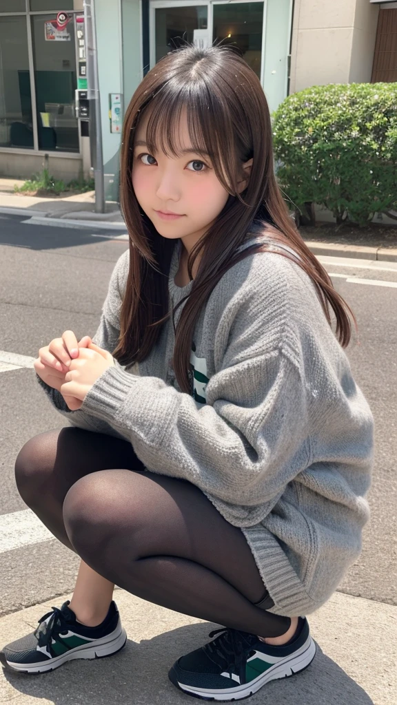 Japanese、18-year-old high school girl、Grey sweater and green checkered mile、Thick thighs、Crouching