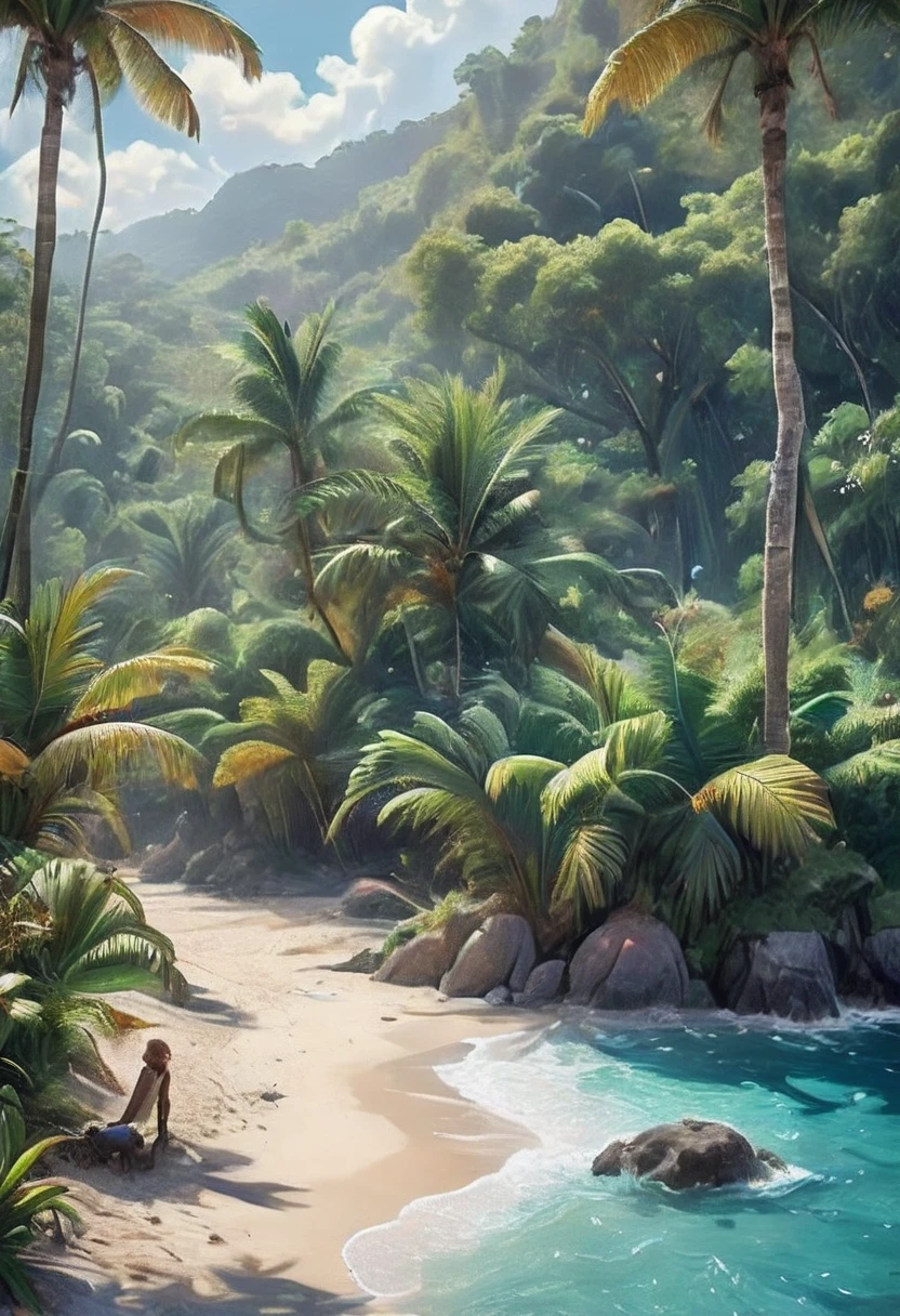 (masterpiece, top quality, Best quality, official art, beautiful and aesthetic: 1.2), The island is in a tropical climate and has an abundance of vegetation. Crusoe discovers dense forests there, filled with different types of trees and plants. Palm trees, banana trees and other exotic plants provide it with fruits.
The forests are home to wild animals such as goats and birds, which Crusoe gradually tames and uses for farming. The island is surrounded by sandy beaches and rocky shores. There are a lot of fish in the coastal waters, which Crusoe catches for food.
The island has hills and small mountains that offer views of the surrounding area.