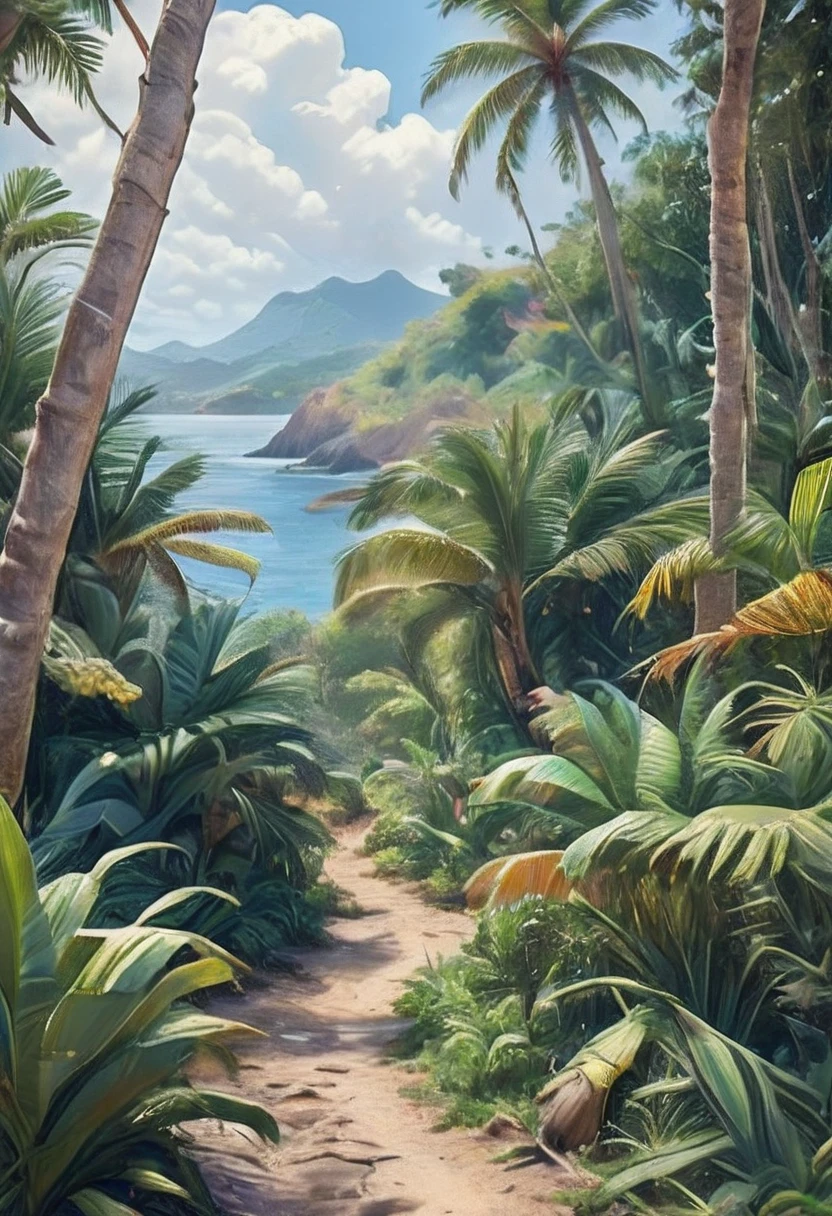 (masterpiece, top quality, Best quality, official art, beautiful and aesthetic: 1.2), The island is in a tropical climate and has an abundance of vegetation. Crusoe discovers dense forests there, filled with different types of trees and plants. Palm trees, banana trees and other exotic plants provide it with fruits.
The forests are home to wild animals such as goats and birds, which Crusoe gradually tames and uses for farming. The island is surrounded by sandy beaches and rocky shores. There are a lot of fish in the coastal waters, which Crusoe catches for food.
The island has hills and small mountains that offer views of the surrounding area.