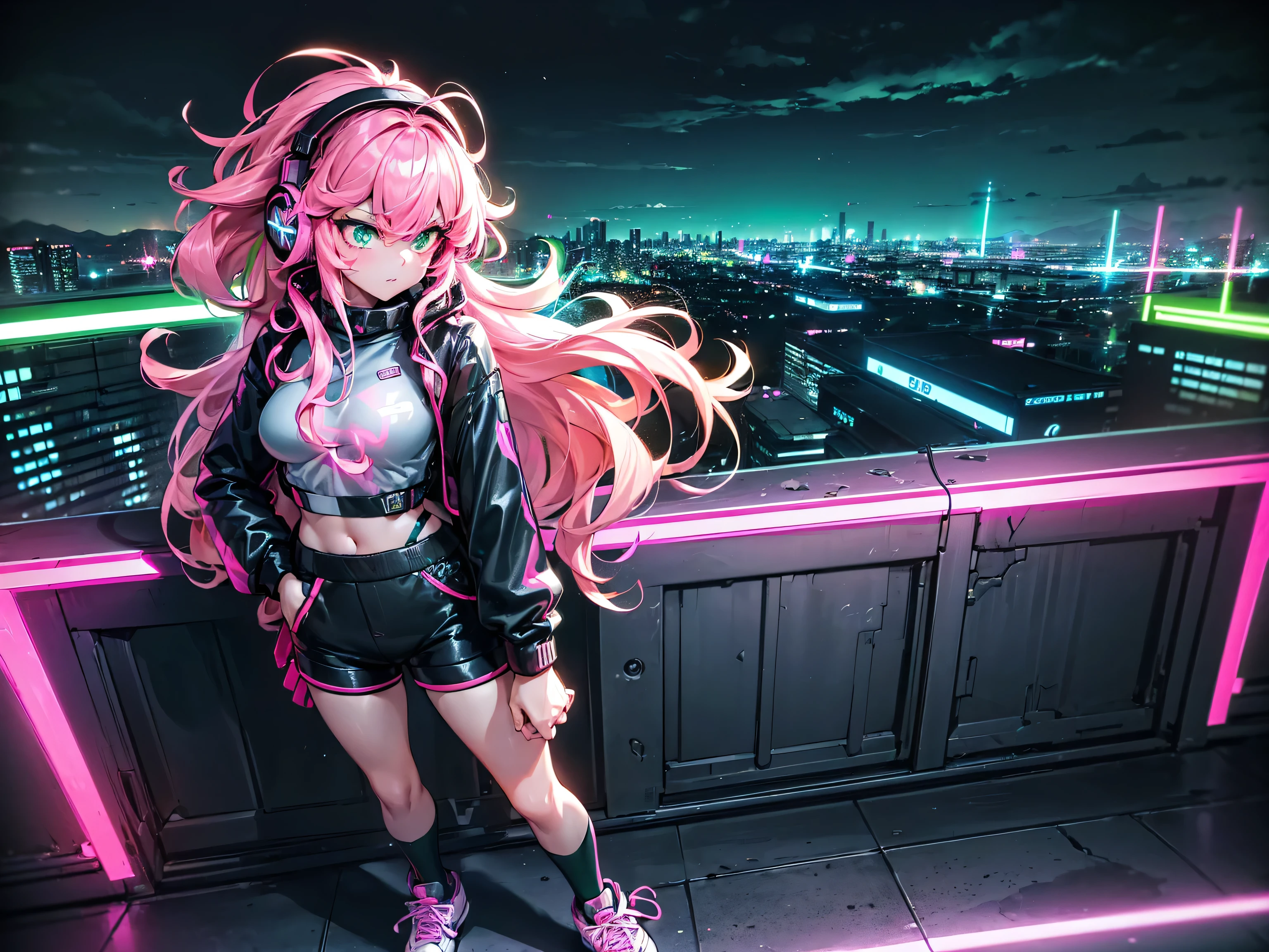 masterpiece:1.4, 1girl ((20year old, dressed in long sleeve shirt, tight black shorts, sneakers, medium breasts, multicolor pink hair, curly long hair, green eyes:1.4, Wearing headphones, standing on a balcony looking out at city:1.1 sci-fi skyline in background:1.1, neon and energetic atmosphere:1.2)) ((nighttime) ((wide camera angle)) ((solo:1.6))