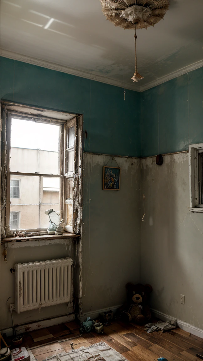 Disturbing room, splintered wood crib, old and dirty toys scattered on the floor, walls painted with faded colors and mold stains, a teddy bear with a missing eye sitting in a corner, hanging mobiles on the ceiling made of bones and dirty feathers, a small window with bars and frayed curtains