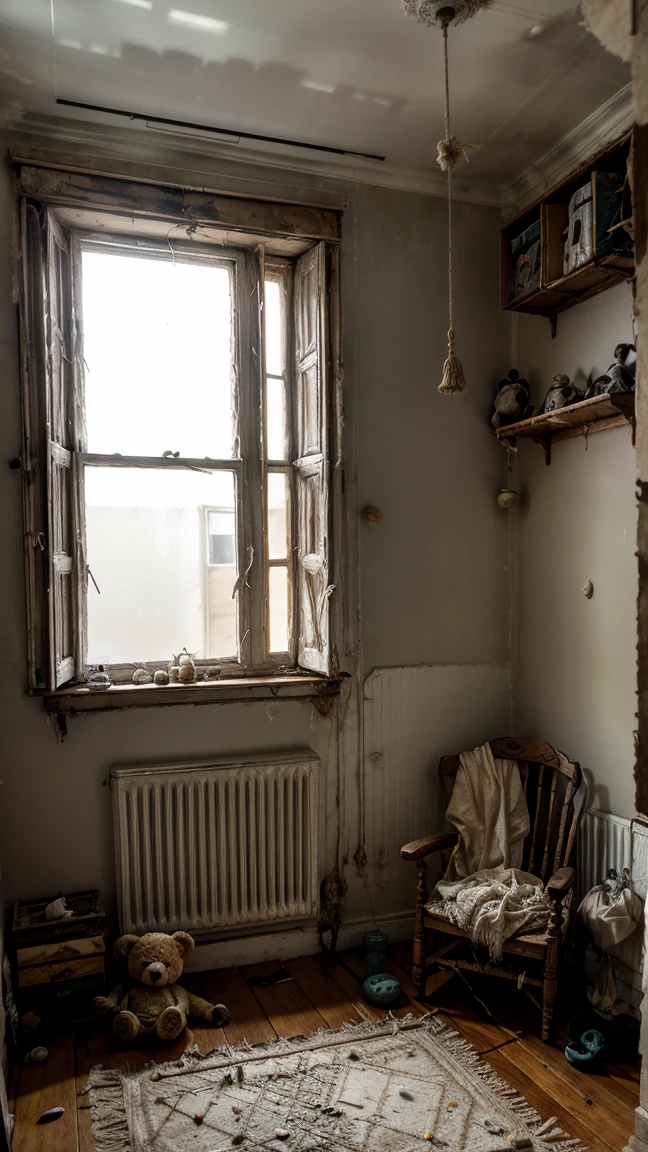 Disturbing room, splintered wood crib, old and dirty toys scattered on the floor, walls painted with faded colors and mold stains, a teddy bear with a missing eye sitting in a corner, hanging mobiles on the ceiling made of bones and dirty feathers, a small window with bars and frayed curtains