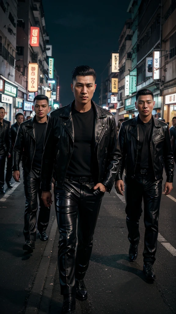 A handsome Hong Kong mafia boss is walking coolly with a gang of mafia, wearing a shiny black leather jacket, Undercut hair is combed neatly, night road background, real photo, professional photo, clear photo, realistic photo, full HD, 4k