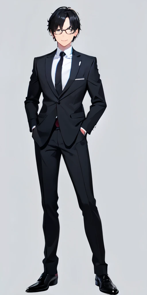 {best quality}、 {{masterpiece}}、 {highres}、 illustration, solo、 sharp focus、{{total body}}、full body、{{standing}}、{{toe}}、 {{businessman}}、man, 1guy、23 years old、black hair、brown eyes、black glasses、business suit、simple background、smile eyes, short hair, looking at viewer, simple background, smile mouth