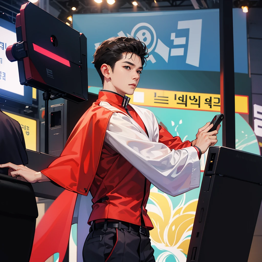 an Indonesian man taking photos in the Korean crowd, wearing a jacket and standing straight facing the camera. The photo was taken from the front position, the background is one of the cities in South Korea, the image looks like it was taken by a professional photographer.