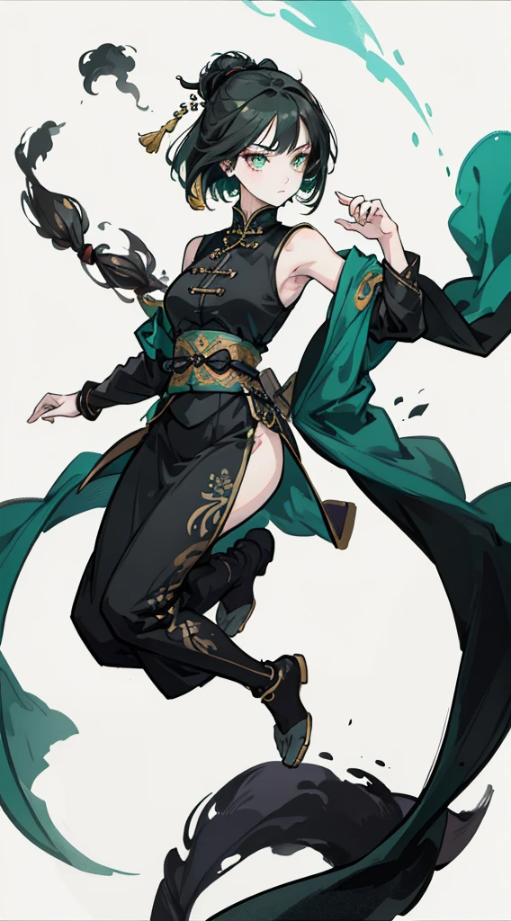 Masterpiece, Best quality, 1 Female, Mature Woman, Elder Sister, Royal Sister, Cold Face, strong, green eyes, short hair, smoky color hair, resolute eyes, simple white Taoist Taoist uniform, black accessories, sarashi, one shoulderancient, Chinese mix morden, blank background, remove background, Full body front、animesque、illustratio