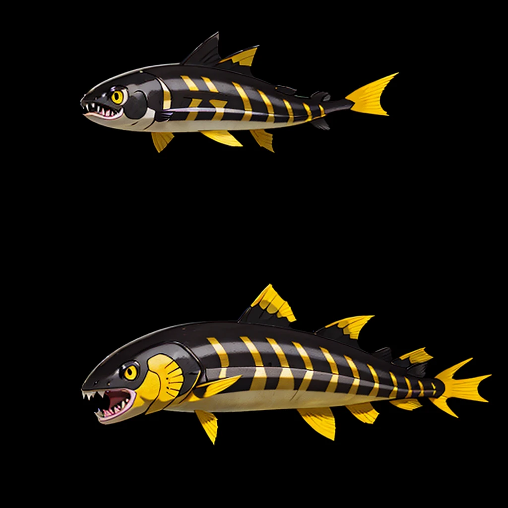 Pokemon salmon, evolved, Yellow eyes, Sharp teeth, legendary, rocky looking, skin colored underneath, black with yellow on top, black stripes on the upper part of the body, pointed tail