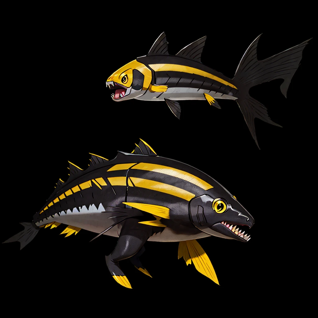 Pokemon salmon, evolved, Yellow eyes, Sharp teeth, legendary, rocky looking, skin colored underneath, black with yellow on top, black stripes on the upper part of the body, pointed tail