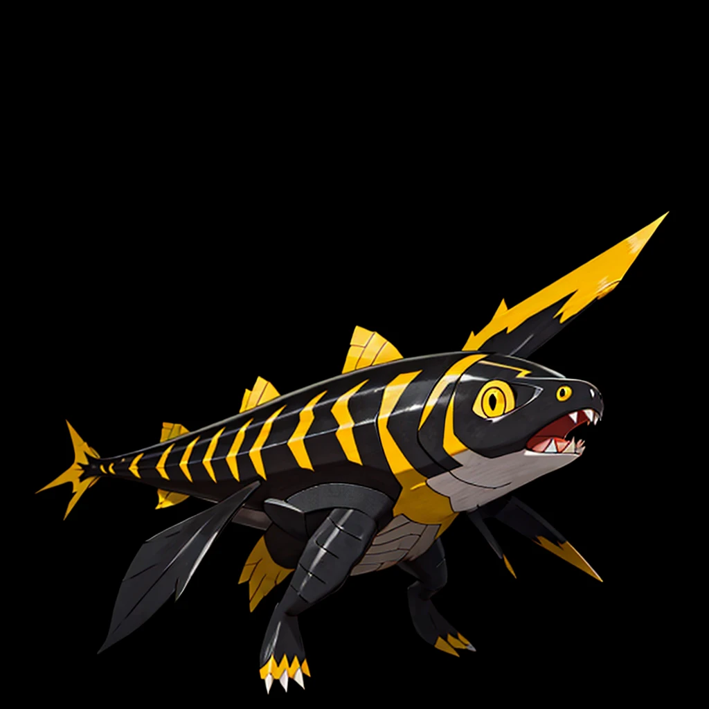 Pokemon salmon, evolved, Yellow eyes, Sharp teeth, legendary, rocky looking, skin colored underneath, black with yellow on top, black stripes on the upper part of the body, pointed tail