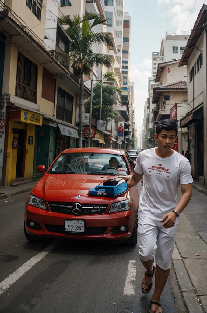 A handsome Indonesian man is pushing a red PW car, wearing a white t-shirt with a cartoon Masya background on a city street