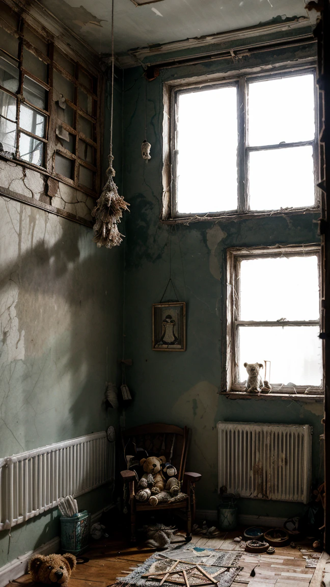 Disturbing room, splintered wood crib, old and dirty toys tered on the floor, walls painted with faded colors and mold stains, a teddy bear with a missing eye sitting in a corner, hanging mobiles on the ceiling made of bones and dirty feathers, a small window with bars and frayed curtains