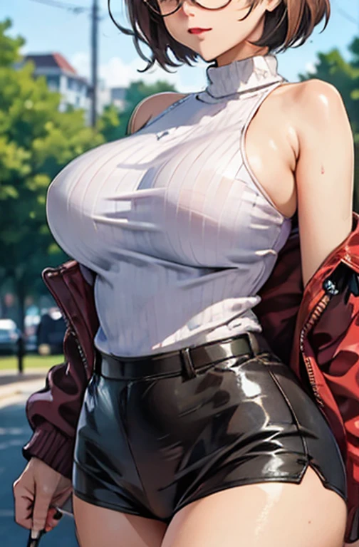 (work of art, best qualityer, hires, high resolution:1.2), (comely, Aesthetics, perfect, dainty, intricate:1.2), (Depth of field:1.2), (mature woman), (a sexy woman walking in a park), (Breasts huge), (one-piece fitted knit sweater), (long knit sweater), open brown jacket, (no pants, sem shorts), (thick-framed glasses), (Thu), (cowboy shot),