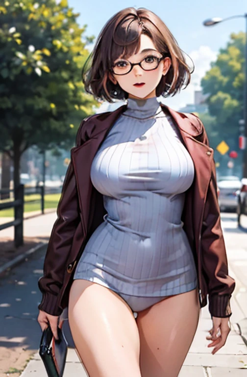 (work of art, best qualityer, hires, high resolution:1.2), (comely, Aesthetics, perfect, dainty, intricate:1.2), (Depth of field:1.2), (mature woman), (a sexy woman walking in a park), (Breasts huge), (one-piece fitted knit sweater), (long knit sweater), open brown jacket, (no pants, sem shorts), (thick-framed glasses), (Thu), (cowboy shot),