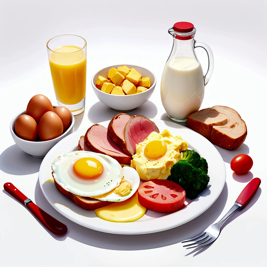 ((best quality)), ((masterpiece)), (detailed), loose water color style, minimalist, create a picture of healthy food on a plate. The food consist of, Eggs, bread, potatoes, glass of milk, meat, chicken meat, some vegetables, against brilliant white background, 8k, high resolution, vibrant color, isolated white