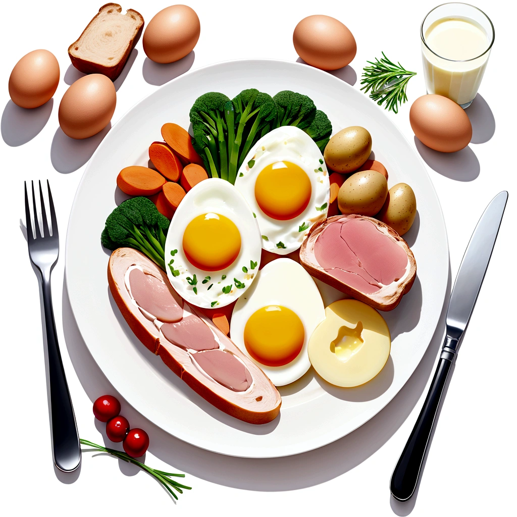 ((best quality)), ((masterpiece)), (detailed), loose water color style, minimalist, create a picture of healthy food on a plate. The food consist of, Eggs, bread, potatoes, glass of milk, meat, chicken meat, some vegetables, against brilliant white background, 8k, high resolution, vibrant color, isolated white