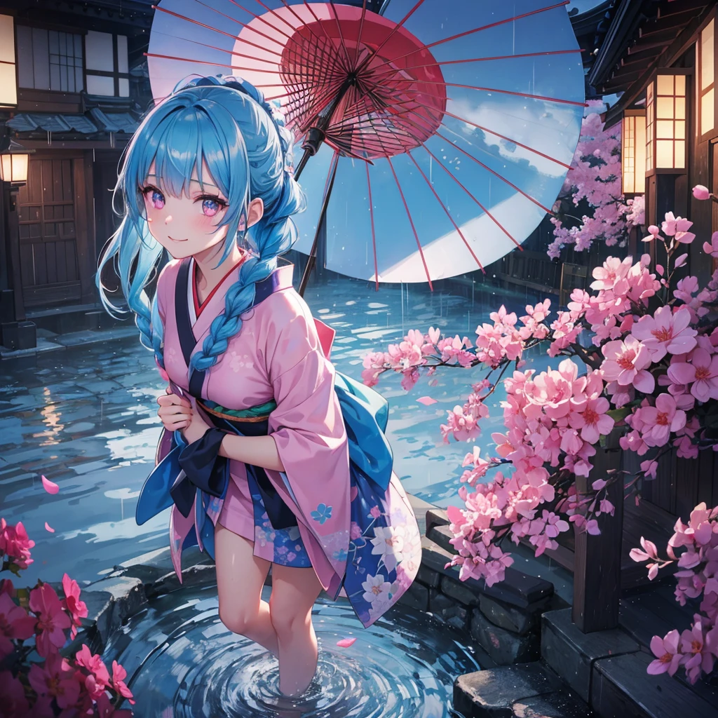 sky Blue hair, (braided ponytail),(pink eyes),fair skin ,(full body),(1 girl),smile,Straight Bangs,(masterpiece, best quality, ultra-detailed, best shadow), (detailed background), (beautiful detailed face), high contrast, (best illumination, an extremely delicate and beautiful), ((cinematic light)), colorful, hyper detail, dramatic light, intricate details,rain shower,kyoto,Japanese Umbrella,kimono,