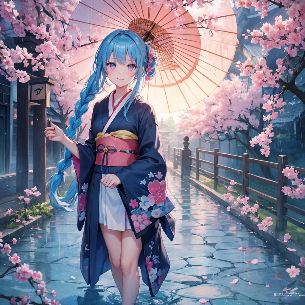 sky Blue hair, (braided ponytail),(pink eyes),fair skin ,(full body),(1 girl),smile,Straight Bangs,(masterpiece, best quality, ultra-detailed, best shadow), (detailed background), (beautiful detailed face), high contrast, (best illumination, an extremely delicate and beautiful), ((cinematic light)), colorful, hyper detail, dramatic light, intricate details,rain shower,kyoto,Japanese Umbrella,kimono,