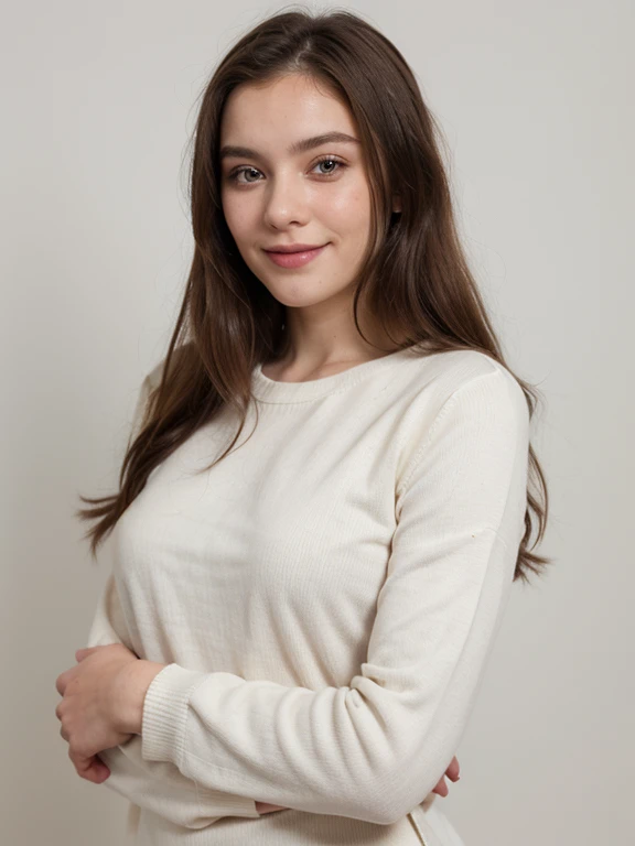 a russian women 25 years old, crewneck, white background, portrait, 8k, hyperdetailed, cute smile, pose like model,