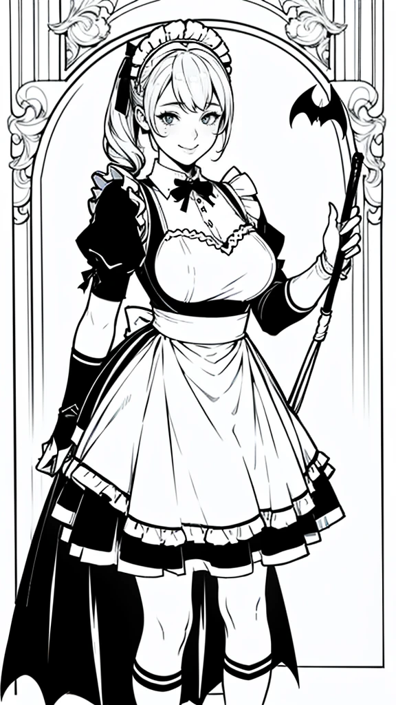 (masterpiece:1.2, Highest quality),(Line art),(Monochrome),(Very detailed),8K,wallpaper,1 female,Cute face,smile,((Maid in a maid café)),((betterhand)),Random hairstyle,Random pose,Beautiful female hands,((lineart, monochrome)),BREAK(((maid cafe))),(((swinging the bat))),((a girl in gothic costume standing))