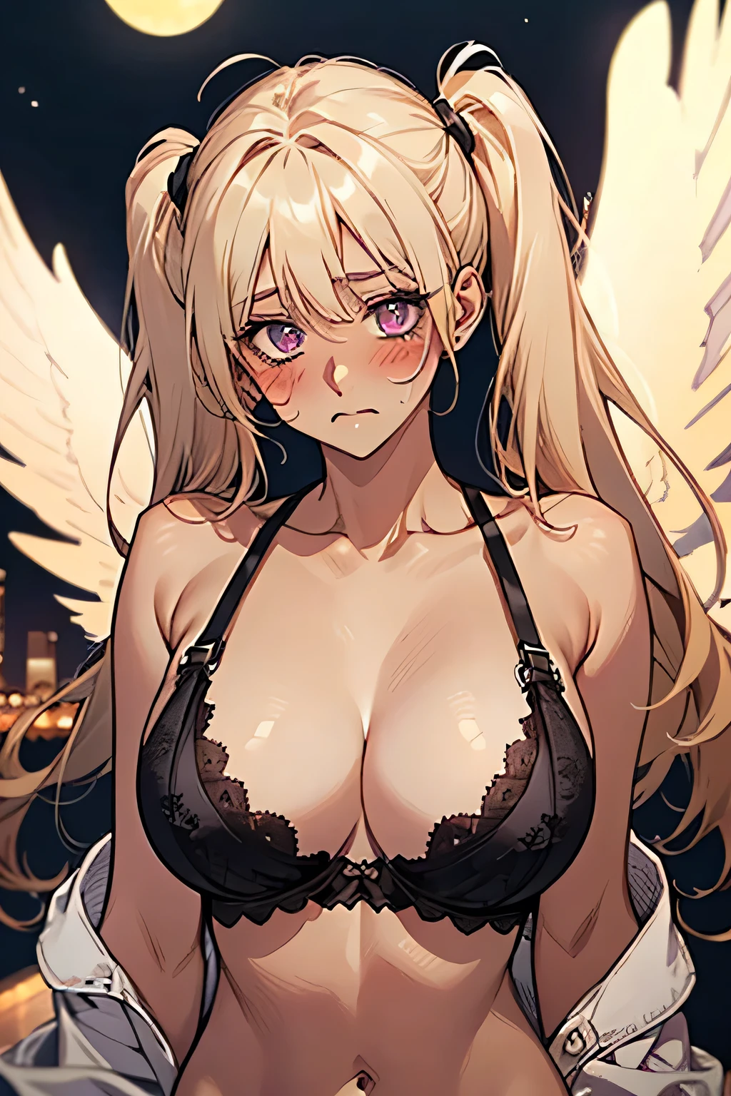 Twin tails,((bionde)),((Embarrassing)),((Blush 1.5))Purple eyes,Large Breasts,Black Bra,((Brown Skin:1.5)),Angel wings. Las Vegas night view in the background,night.