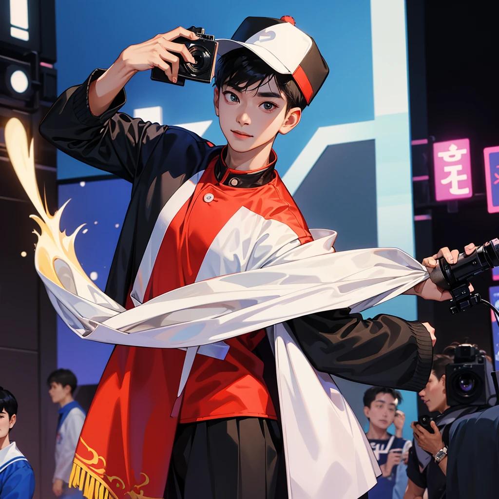 an Indonesian man taking photos in the Korean crowd, wearing a jacket and standing straight facing the camera. The photo was taken from the front position, the background is one of the cities in South Korea, the image looks like it was taken by a professional photographer.