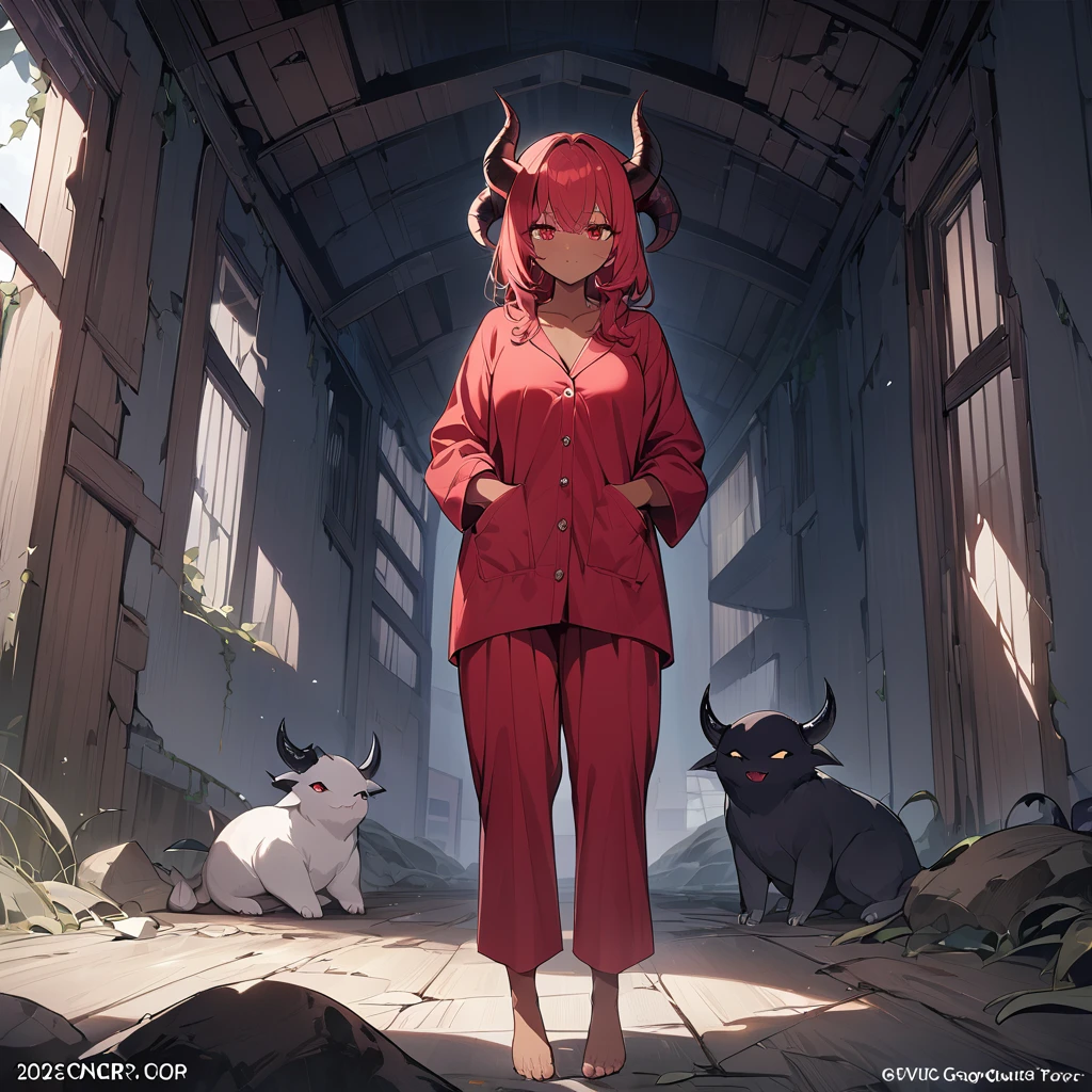 (masterpiece, top quality, best quality, official art, sfw), 1girl, demon, horns, tan skin, light red hair, late 20s, whole body dark red pyjamas, curvy body, crimson red eyes, inside abandoned tower, upper body, face focused, standing