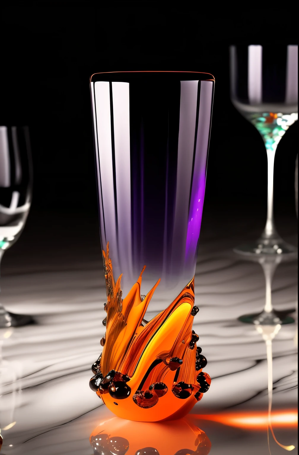 surreal glass shape, liquid glass, chromatic aberration, broken prism, refraction, light caustics, detailed illustration , oranges on a white marble table, deep purple velvet drapes, 8k, photography style,2 glasses with orange bioluminescent fluid in them, on a white marble table, bioluminescent, colorfull, glow,