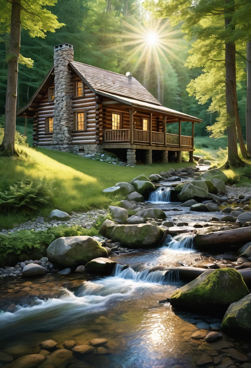 A charming log cabin, nestled amidst a serene forest, stands proudly by a babbling brook. Sunlight filters through the trees, casting warm shadows on the weathered wood, creating a sense of peace and tranquility.