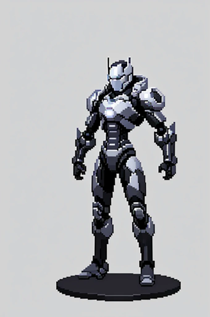 white background, ultra detailed, game protagonist, pixel art, humanoid black and gray slender mecha robot character using a cloak and floating like ironman, from sidescroller game