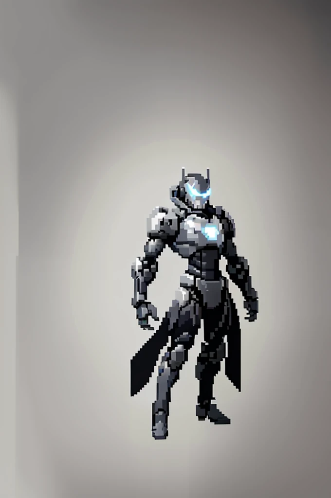 white background, ultra detailed, game protagonist, pixel art, humanoid black and gray slender mecha robot character using a cloak and floating like ironman, from sidescroller game