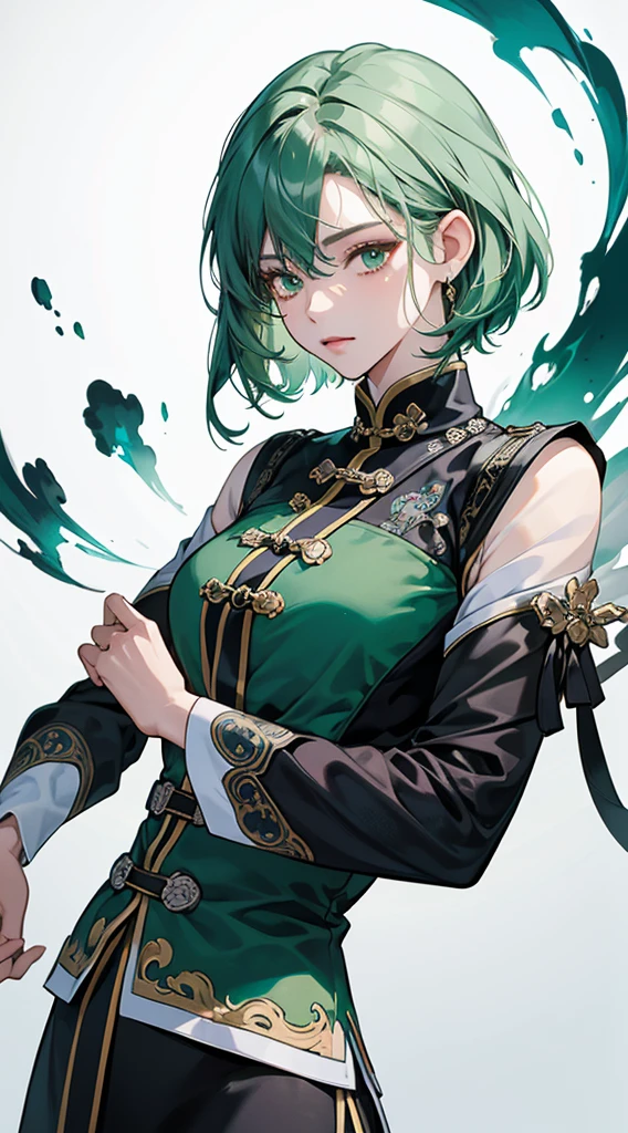 Masterpiece, Best quality, 1 Female, Mature Woman, Elder Sister, Royal Sister, Cold Face, strong, green eyes, short hair, smoky color hair, resolute eyes, simple white Taoist Taoist uniform, black accessories, sarashi, one shoulderancient, Chinese mix morden, blank background, remove background, animesque、illustratio