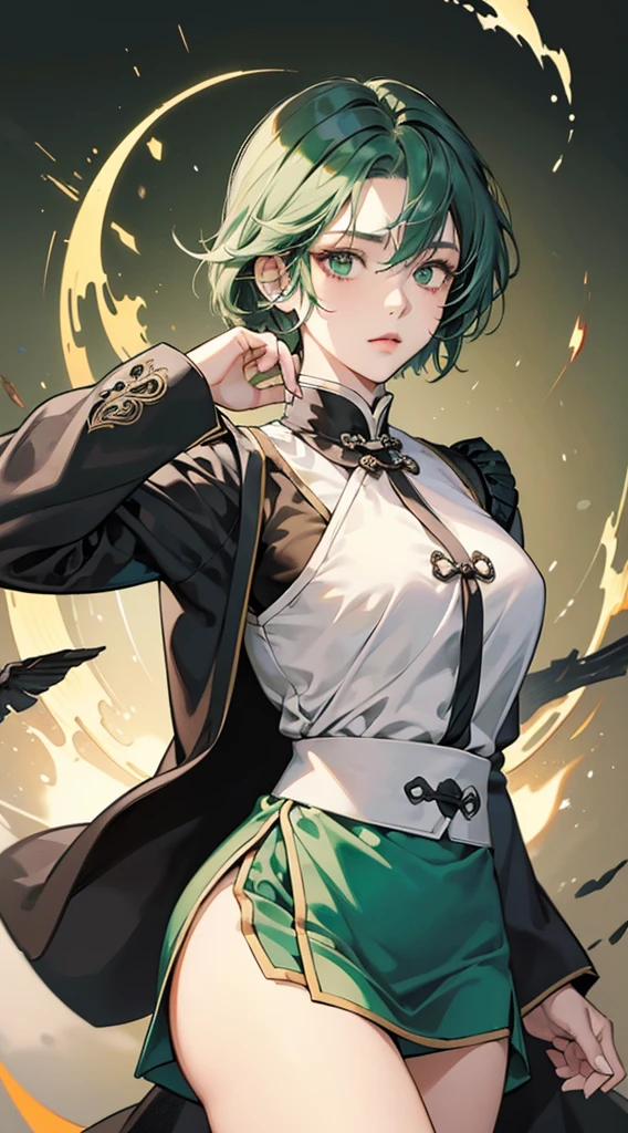 Masterpiece, Best quality, 1 Female, Mature Woman, Elder Sister, Royal Sister, Cold Face, strong, green eyes, short hair, smoky color hair, resolute eyes, simple white Taoist Taoist uniform, black accessories, sarashi, one shoulderancient, Chinese mix morden, blank background, remove background, animesque、illustratio